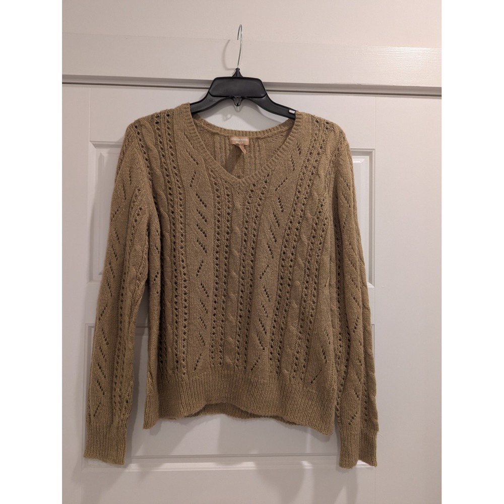 Canyon River Blues Womens V-Neck Pointelle Cable Knit Sweater Tan Brown Large